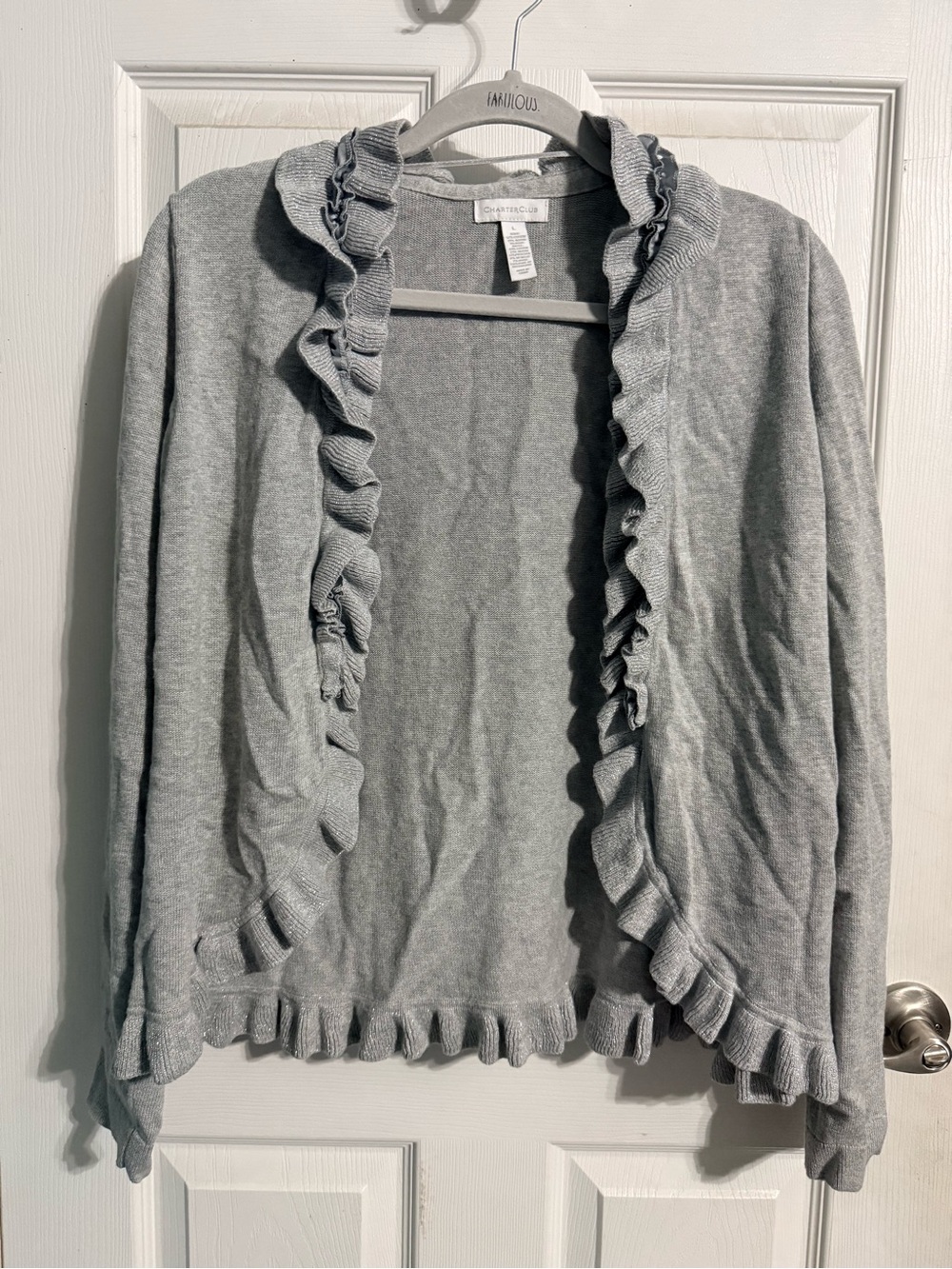 Charter Club Silver Thread Gray Ruffle-Trim Open Cardigan